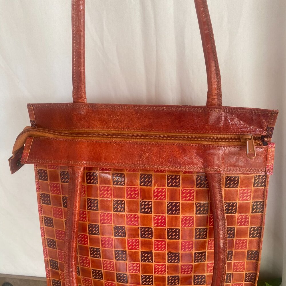Vintage 1990s NachoCow Leather Patchwork Tote | Purple Red Shoulder Bag - Picture 6 of 9